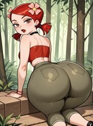 ai_generated ass ass_focus bare_shoulders black_choker bracelet breasts brown_eyes choker crop_top earrings female flower forest from_behind green_pants hair_flower hair_ornament huge_ass jewelry lipstick looking_at_viewer looking_back makeup medium_hair nature outdoors pants patreon_username red_hair red_lips short_twintails solo strapless stud_earrings thick_thighs tree tube_top twintails wide_hips zoey_(tdi)