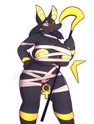 alpha_channel anthro anubian_jackal anubis areola big_areola big_breasts big_nipples black_body black_fur black_hair breasts canid canine canis curvy_figure deity egyptian egyptian_mythology female fur hi_res holding_object huge_areola huge_breasts jackal lightningfire12 mammal middle_eastern_mythology mythology nipples red_eyes simple_background solo staff transparent_background voluptuous wraps