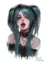 bare_shoulders blue_eyes blue_hair bra chains collar digital_drawing_(artwork) female goth goth_girl gothic_girl gothification gothified hatsune_miku jewelry lipstick painterly steamycoffee tongue tongue_out twintails white_body white_skin
