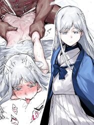1boy ahe_gao blue_archive blue_bow blue_bowtie blush bow bowtie closed_mouth cum cum_overflow dark-skinned_male dark_skin female grey_hair grey_shirt hair_ornament halo haori highres holding_own_arm japanese_clothes long_hair lying multiple_views nagusa_(blue_archive) nose_blush on_stomach prone_bone rolling_eyes sex shirt skirt snowflake_hair_ornament solo_focus takutaku12364 tongue tongue_out white_halo white_shirt white_skirt