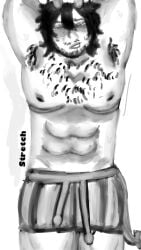 007n7_(forsaken) 1boy adult adult_male afab burger_hat crying_with_eyes_closed demon_boy devil_horns devil_tail dilf forsaken_(roblox) ftm no_shirt shorts solo_focus solo_male stretch stretching strong strong_male sweat sweating sweating_male sweaty tears_in_eyes top_scars top_surgery_scars transgender transmasc waking_up