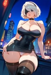 2d ai_generated big_breasts black_dress blindfold cleavage dress female female_focus female_only nier:_automata nier_(series) night short_dress short_hair solo solo_female solo_focus tagme thighhighs white_hair yorha_2b