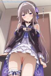 1girl 1girls ai_generated beret black_dress black_headwear blush breasts brown_hair chains choker cleft_of_venus clothing_cutout commentary_request doll_joints dress female female_focus female_only flower grey_hair hair_flower hair_ornament hat hat_flower herta_(honkai:_star_rail) honkai:_star_rail indoors joints long_hair long_sleeves looking_at_viewer no_panties parted_lips purple_eyes purple_flower pussy short_dress shoulder_cutout small_breasts solo solo_female thigh_strap thighs uncensored very_long_hair zelanell