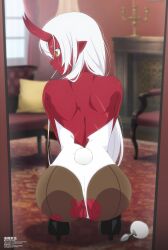 akumi artist_name ass back bare_shoulders blurry blurry_background blurry_foreground censored demon_girl depth_of_field female high_heels horns indoors long_hair looking_at_viewer looking_back page_number pointy_ears pussy red_skin solo tail thighhighs tongue vyugen white_hair yellow_eyes