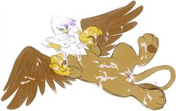 2012 after_sex avian beak breasts cum female friendship_is_magic gilda_(mlp) gryphon gryphon_taur lying my_little_pony nipples on_back plain_background pussy shortstack signature solo taur white_background wings yellow_eyes