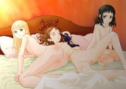 3girls ass bed black_hair blonde_hair brown_hair closed_eyes female flat_chest hair khui littlewitch long_hair looking_at_viewer lying multiple_females multiple_girls navel nipples nude on_back on_side pillow pussy sitting sleeping spread_legs uncensored yuri