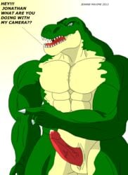 2013 abs anthro biceps claws cum dinosaur english_text erection furry green_skin lizard male male_only maxime-jeanne muscles no_humans nude pecs penis pose reptile scalie solo text thomas_carter tyrannosaurus_rex vein