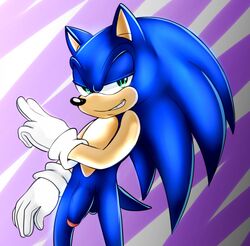 1boy anthro balls black_nose black_skin blue_hair blue_penis flaccid furry gloves green_eyes hair happy hedgehog hi_res looking_at_viewer male male_only mammal nude penis pink_penis pink_skin pinkthehedgehog2 plain_background quills raised_arm sega smile solo sonic_(series) sonic_the_hedgehog standing teeth uncut vein