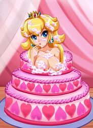 1girls bad_censor big_breasts blonde_hair blue_eyes blush breasts busty cake covering crown earrings huge_breasts mario_(series) nintendo princess_peach sigurdhosenfeld