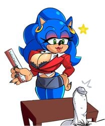 anthro balls big_breasts breasts cleavage clothed clothing duo eyeshadow female genderswap genitals hi_res huge_breasts lipstick makeup male missphase mobian_(species) penis pubes rule_63 sega sonic_(series) sonic_the_hedgehog sonic_the_hedgehog_(series) sonique_the_hedgehog straight teacher tight_clothing