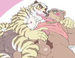 2boys anthro balls bandana bear biceps blush chubby clothing feline french_kiss furry gay green_eyes handjob kissing male male_only muscles nipple_pinch no_humans pecs penis precum red_eyes ryuta-h shorts tiger tongue tongue_out vest yaoi