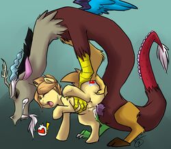 2013 anal anal_sex antler anus brown_fur brown_hair closed_eyes cum cum_in_ass cum_inside cutie_mark deejayhan discord_(mlp) draconequus duo equine female feral friendship_is_magic hair heart horn horse male my_little_pony open_mouth original_character penetration penis pony pussy signature straight thick_penis