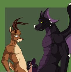 2010 abs anthro antlers biceps big_muscles big_penis black_dragon blush cervine claws crocdragon89 dasher_whitetail deer dragon erection frottage furry gay genital_piercing handjob horn male masturbation muscles no_humans nude pecs penis piercing plain_background size_difference smile wings zeke_(crocdragon89)