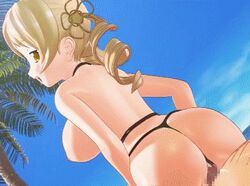 3d animated ass blonde_hair blush bounce bouncing_breasts breasts censored female large_breasts looking_back lowres mahou_shoujo_madoka_magica myuranran nipples ocean palm_tree penis reverse_cowgirl_position seismic sex thong tomoe_mami tree