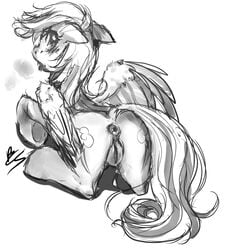 anus ass black_and_white buttercup_saiyan cutie_mark equine equine_pussy female feral friendship_is_magic horse looking_at_viewer looking_back lying monochrome my_little_pony on_front open_mouth pegasus plain_background pony puffy_anus pussy pussy_juice rainbow_dash_(mlp) signature sketch solo tongue tongue_out white_background wings