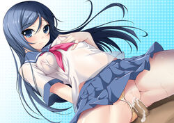 1boy 1girls aragaki_ayase arm_behind_back blue_background blue_hair blush breast_grab breasts closed_mouth clothed_female_nude_male clothes cum cum_in_pussy cum_inside erect_nipples eyelashes female human long_hair male midriff nipples nude ore_no_imouto_ga_konna_ni_kawaii_wake_ga_nai panties panties_aside penis perky_breasts pussy ribbon saxasa_kisuk see-through seifuku sex skirt smile spread_legs straight sweat tears veins veiny_penis