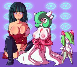 anthro anthrofied areola bad_censor big_breasts black_hair blue_eyes breasts covering erect_nipples female female_gardevoir female_kirlia flat_chested gardevoir green_hair hair huge_breasts human long_hair nintendo nipples pokemon pokemon_(species) pokemon_rse pokemorph pubes pussy quagsire_(artist) quagsireofvp red_eyes sabrina_(pokemon) video_games