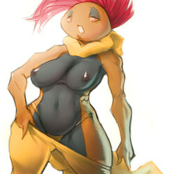 anthro anthrofied breasts female hair l1zardman looking_at_viewer navel nintendo nipples plain_background pokemon pokemorph red_eyes red_hair scrafty solo standing undressing video_games white_background