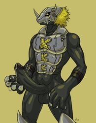 armor balls black blackwargreymon claws cum digimon dragon erection grin helmet looking_at_viewer male male_only no_humans penis precum solo wargreymon yellow_eyes yellowpower