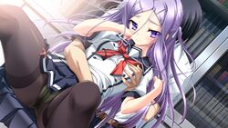 amou_mikage breast_grab game_cg kikurage panties pantyhose purple_eyes purple_hair purple_software seifuku shiawase_kazokubu underwear