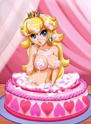 1girls bad_censor big_breasts blonde_hair blue_eyes blush breasts busty cake covering crown earrings huge_breasts mario_(series) navel nintendo open_mouth princess_peach sigurdhosenfeld