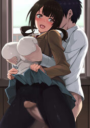 1boy blush breast_grab breasts brown_eyes brown_hair building censored cg female open_mouth outercourse pantyhose penis sawa_okita shinyachi skirt skirt_lift tari_tari thigh_sex tongue window