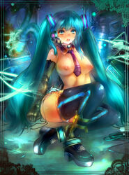 aqua_eyes aqua_hair blush breasts cyborg female green_hair hatsune_miku headphones headset highres long_hair luco_san necktie open_mouth shiny shiny_skin solo thighhighs tied_hair twintails very_long_hair vocaloid