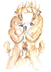 2013 antlers balls cervine deer erection eye_contact frottage furry furry_only gay heather_bruton horn looking_at_another male nipples nude penis snort standing