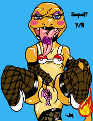 blue_eyes bra charmander condom female fire fishnet looking_at_viewer makeup nintendo plain_background pokémon_(species) pokemon pussy solo spreading tail tail_fire tongue tongue_out underwear video_games