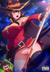 1girls bandaged_leg big_breasts black_thighhighs brown_hair cape dream female female_only fingerless_gloves hi_res kono_subarashii_sekai_ni_shukufuku_wo! megumin no_panties ohdax pussy red_eyes sleeping solo thick_thighs thighhighs witch_hat