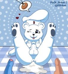 2024 3_toes ambiguous_gender anthro anus bakery balls bear bimbo_(bakery) bimbo_bear blue_eyes bodily_fluids bread breasts clothed clothing cum cum_in_ass cum_inside donut_anus feet food foreskin fur furry futanari genital_fluids genitals group grupo_bimbo heart hi_res human insemination_request intersex male mammal mascot one_eye_closed paws pip3r_dr4ws puffy_anus spread_legs toes tongue tongue_out trio white_body white_fur wink