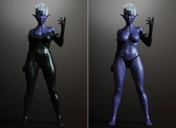 1girls 3d black_panties dark_elf elbow_gloves elf elf_female gloves ironclawroo on/off original panties pointy_ears purple_skin purple_skinned_female topless topless_female