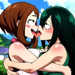 ahe_gao ai_generated boku_no_hero_academia french_kissing kissing my_hero_academia ochako_uraraka powerhouserift tongue_kiss tongue_touching_another's_tongue tongues_touching tsuyu_asui yuri