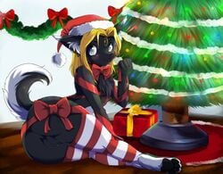 2013 anthro anus ass balls big_butt big_eyes blue_eyes blush body_markings bow_tie canine chest_tuft christmas christmas_tree cute fur furry gift gift_wrapped girly hair hat hindpaw holidays looking_at_viewer looking_back lying male mammal markings on_side pawpads paws slyspirit smile solo stockings striped_stockings teasing thick_thighs thighhighs tree tuft white-castle wolf