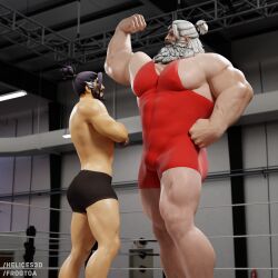 2boys 3d 3d_model absurd_res bulge flexing flexing_arm flexing_bicep frogtoa gay hanzo height_difference helices3d looking_up male male/male male_only muscular muscular_male older_male older_male_younger_male overwatch overwatch_2 pov reinhardt talking white_beard white_hair wrestler wrestling wrestling_ring wrestling_singlet