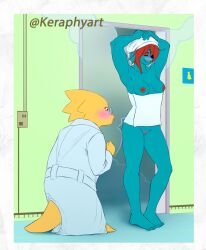 2d 2girls alphys blush breasts female female_only fish_girl fish_humanoid humanoid keraphyart lizard_girl lizard_humanoid multiple_girls nude pussy towel undertale undertale_(series) undyne