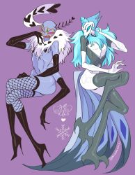 2boys andrealphus_(helluva_boss) anthro avian bird blue_eyes blue_hair clothed clothing crop_top demon duo femboy hazbin_hotel helluva_boss male minoruaniki moth navel nipples peafowl phasianid purple_background purple_body simple_background thighhighs valentino_(hazbin_hotel) white_body