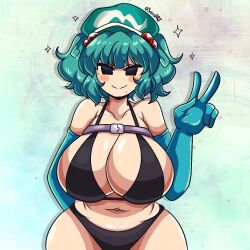 1girls artist_name barely_clothed big_breasts blue_hair bra breasts hat light-skinned_female long_gloves mob_face mole mole_under_mouth nitori_kawashiro nono_(notnoe) peace_sign seireiart thick_thighs thighs thong touhou twintails watermark