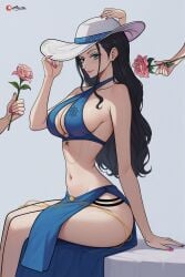 1girls ai_generated akuma_no_mi bare_arms bare_legs bare_shoulders bare_thighs big_breasts black_hair blue_eyes clothed clothing color female female_focus female_only hana_hana_no_mi hat hi_res large_breasts light-skinned_female light_skin long_hair looking_at_viewer nico_robin one_piece prixmal shounen_jump solo solo_female tagme thick_thighs