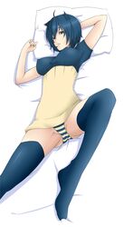 ass blue_eyes blue_hair breasts clothed emukon female female_only from_above light-skinned_female light_skin looking_at_viewer lying lying_on_back lying_on_bed medium_breasts panties personification pillow pokemon short_hair snorlax solo striped_panties thighhighs turtleneck