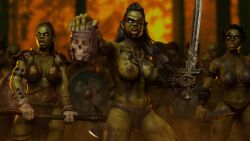 3d 3girls bikini black_hair eyepatch green_skin green_skinned_female ironclawroo multiple_girls orc orc_female original skull sword topless topless_female urzaha_(ironclawroo) weapon