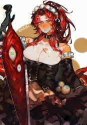 1girls big_breasts blush cleavage gebura_(lobotomy_corporation) library_of_ruina lobotomy_corporation long_hair looking_at_viewer maid_uniform project_moon red_hair revealing_clothes scar yellow_eyes