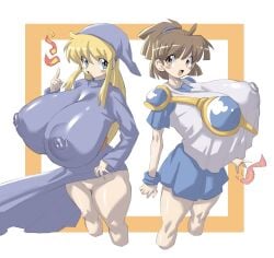 2girls alternate_breast_size arle_nadja armor bare_thighs blonde_hair blue_dress blue_eyes blue_skirt blush blush_stickers breasts brown_eyes brown_hair compile fire gigantic_breasts huge_ass hyper_breasts hyper_nipples large_breasts large_thighs looking_at_viewer madou_monogatari magic_spell multiple_girls nipples nipples_visible_through_clothing pussy puyo_puyo sakana8888888 sega smile thighs white_shirt witch_(puyo_puyo) witch_hat