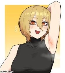 1girls armpits blonde_hair blush clothing don_quixote_(limbus_company) k3nnyn3v limbus_company project_moon short_hair sleeveless_shirt smile sweat tank_top yellow_eyes