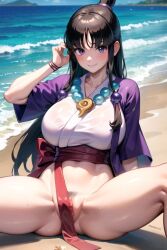 1girls 2024 ai_generated beach beach_background black_hair breasts capcom female female female_only gyakuten_saiban hair_ornament human human_female human_only kimono light-skinned_female light_skin long_hair maya_fey medium_breasts nai_diffusion necklace purple_eyes pussy sitting solo solo_female spread_legs stable_diffusion video_game_character