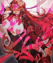 1girls big_breasts blush bodysuit censored clothing corruption exposed_breasts gebura_(lobotomy_corporation) jacket lobotomy_corporation long_hair open_clothes pink_ribbon pink_shoes_(limbus_company) project_moon red_hair thick_thighs tongue_out unzipped_bodysuit