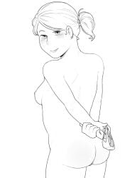 1girls areolae arms_behind_back ass ass_cleavage back_view backboob backpussy bad_anatomy behind behind_view black_and_white blush blush_lines blushing_at_viewer breasts cute digital_drawing_(artwork) digital_media_(artwork) earrings female female_focus female_only hair_ornament heart_earrings holding_panties holding_underwear holding_unworn_clothes hotfiresu human human_female line_art lips looking_at_viewer looking_back medium_breasts naked naked_female nipples no_bra nude nude_female oc original original_character panties_aside panties_in_hand panties_removed ponytail ponytail_female pussy_from_behind side_ponytail sideboob sketch smile smiling smiling_at_viewer solo standing topless topless_female uncensored white_background