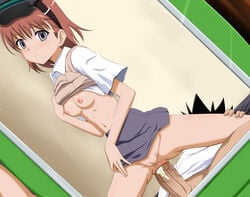 anal anus areolae blush breasts brown_hair circle_anco cowgirl_position female highres legs looking_down lying male misaka_imouto navel nipples no_bra no_panties penis pussy school_uniform sex shirt_lift short_hair sitting sitting_on_person skirt skirt_lift smile straight thighs to_aru_kagaku_no_railgun to_aru_majutsu_no_index uncensored veiny_penis