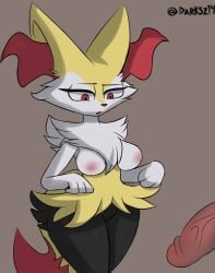 anthro black_body black_fur braixen breasts darksz7 female fluffy fluffy_tail fur generation_6_pokemon genitals hi_res nintendo nipples penis pokemon pokemon_(species) pussy red_eyes solo tail thick_thighs white_body white_fur yellow_body yellow_fur