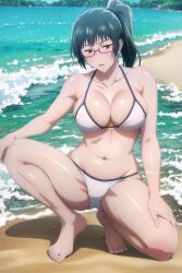 5_fingers 5_toes ai_generated arisato_yu barefoot beach big_breasts bikini brown_eyes feet green_hair hi_res horny horny_female jujutsu_kaisen markus_(artist) swimsuit swimwear toes uncensored water watermark zenin_maki